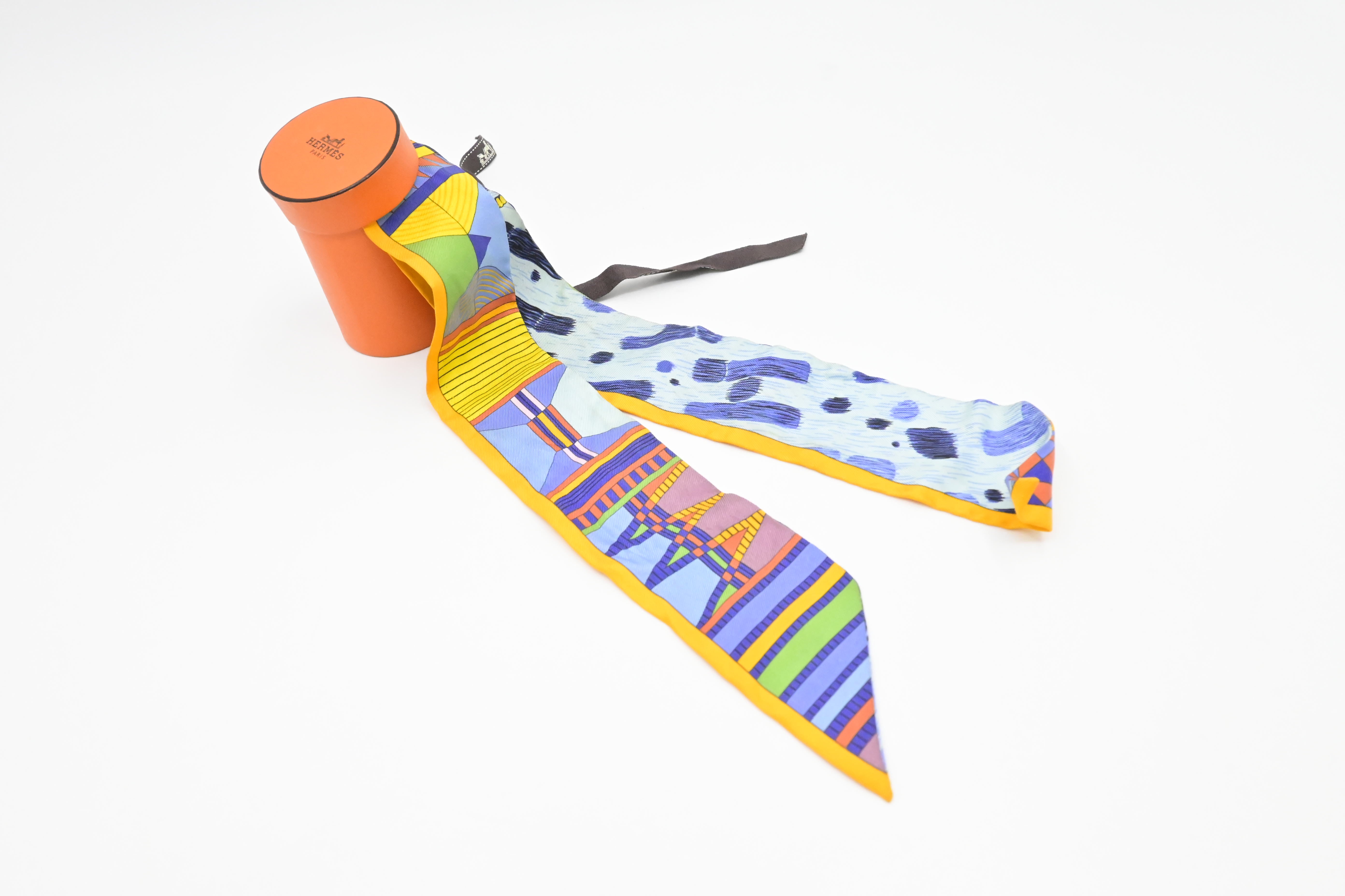 Hermes 'Pelages et Camouflage' Twilly in Orange and Blue Silk