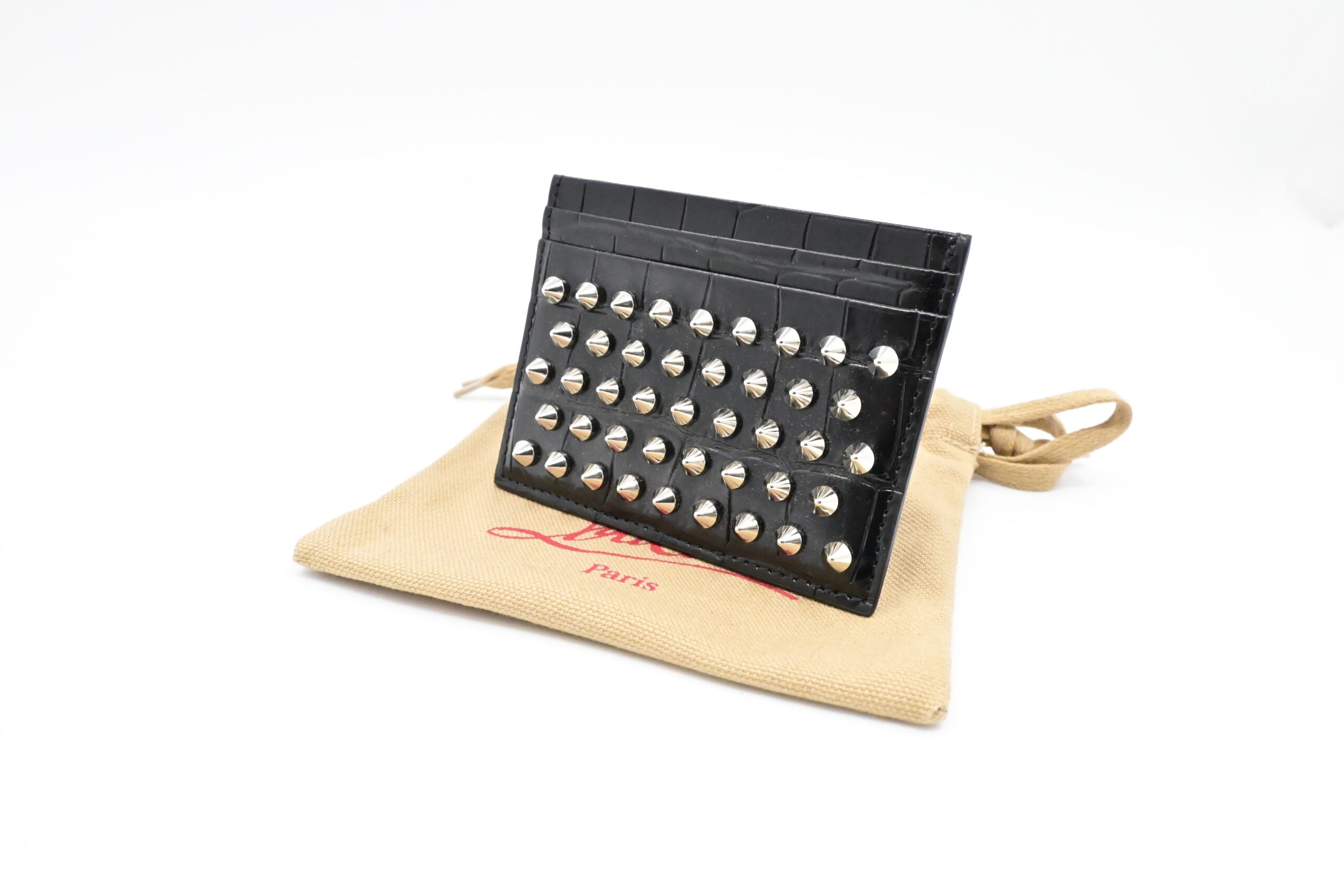 Louboutin Studded Card Case in Black Alligator Embossed Calf Leather